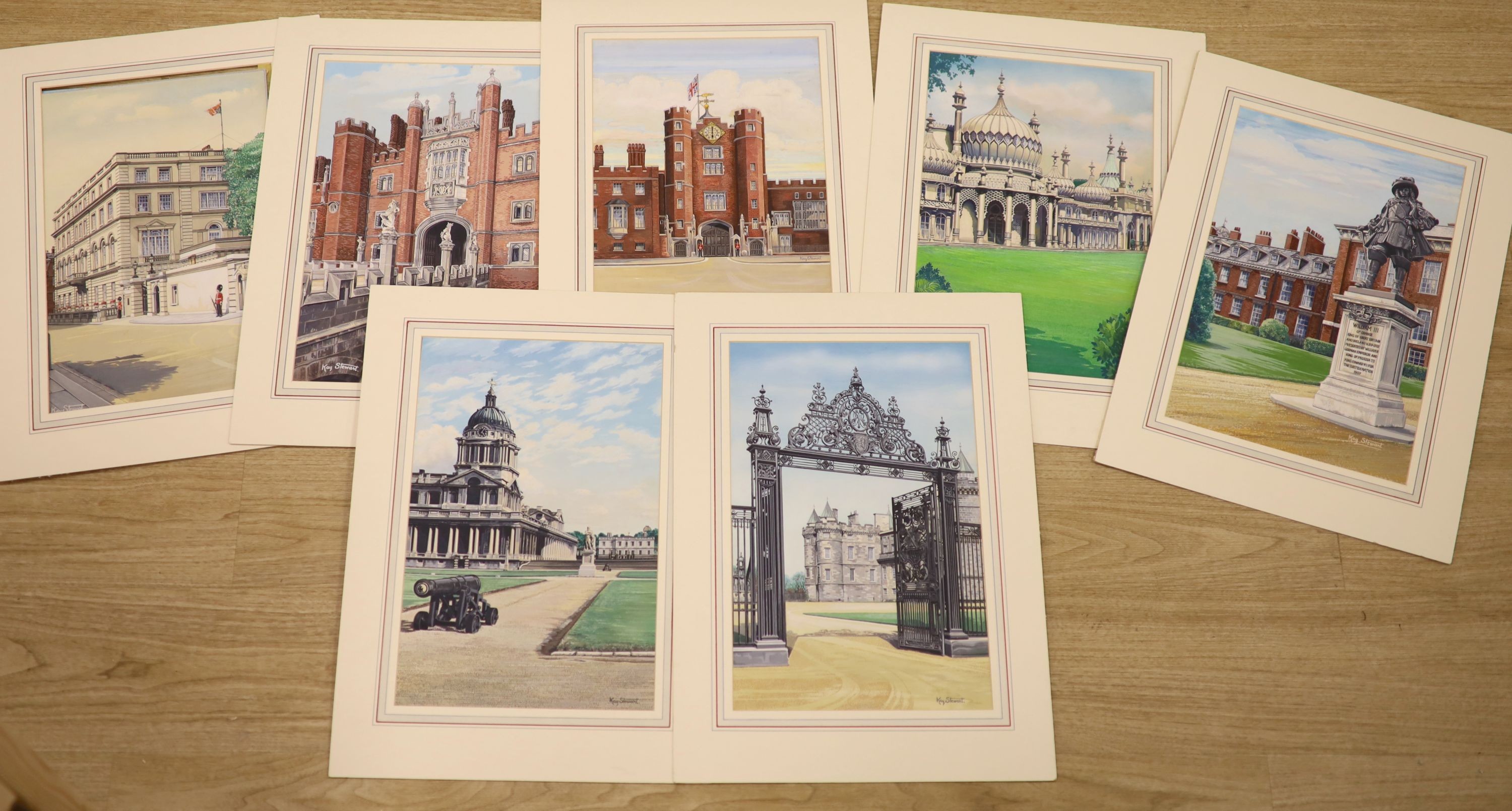 Kay Stewart (poster artist), eight assorted watercolours with gouache, Stiudies of Royal Palaces, including Glamis Castle, Balmoral, Royal Pavilion Brighton, Marlborough House, Hatfield House, Hampton Court (2), Statue o